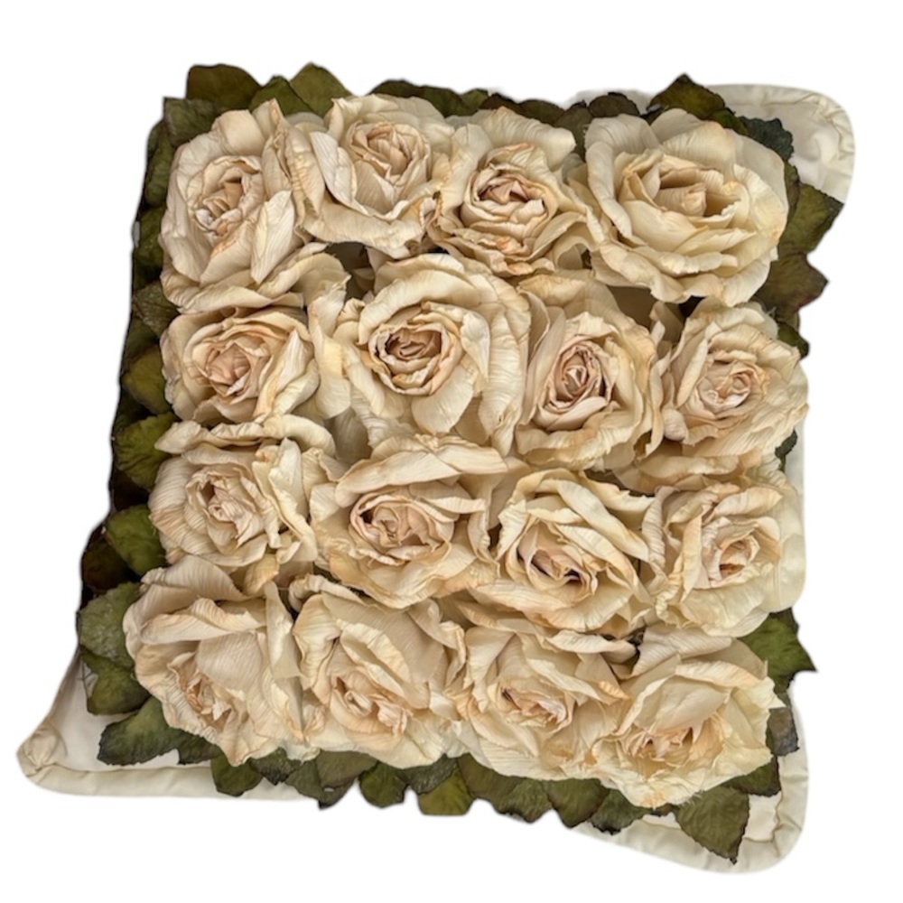Vintage Handmade Pillow 3D Silk Flowers French Country Cottage Cream Ivory Roses - Picture 6 of 9